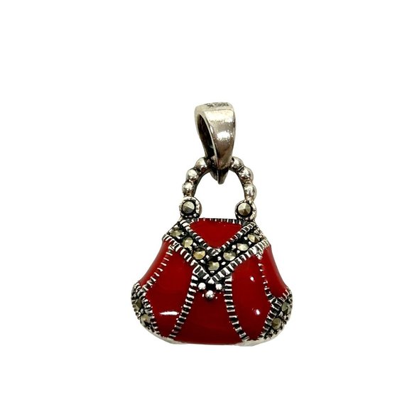 Women’s Pendant Red Enamel Purse Sterling Silver 925 Vintage Marcasite Stones - Picture 2 of 15